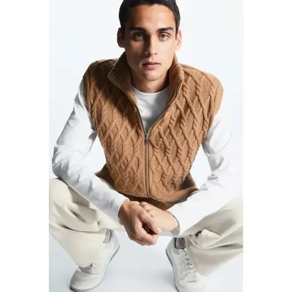 COS Men's Cable Knit Sweater Vest 100% Wool Sleeveless Full Zip Rib Knit, Tan - Picture 2 of 14
